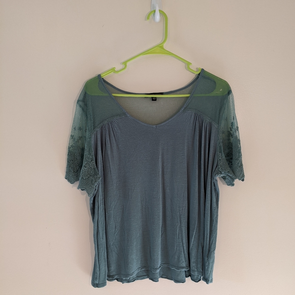 Signature I Studio Sheer Lace Boho Office Casual Short Sleeve Top